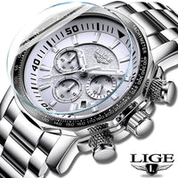 LIGE Silver White Mens Watches Top Brand Luxury Watch Waterproof Military Sports Watch Men Full Steel Quartz Clock Reloj Hombre-Sports watch