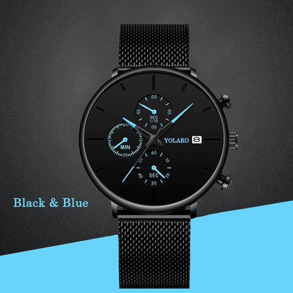 Mens Fashion Classic Black Wristwatch Luxury Mesh Belt Ultra Thin Watches Relojes Hombre Casual Business Calendar Quartz Watch-Men Watch-Men Watch