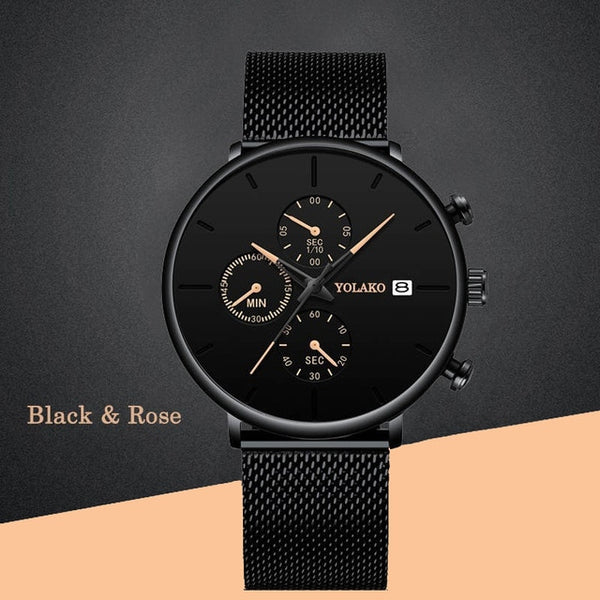 Mens Fashion Classic Black Wristwatch Luxury Mesh Belt Ultra Thin Watches Relojes Hombre Casual Business Calendar Quartz Watch-Men Watch-Men Watch