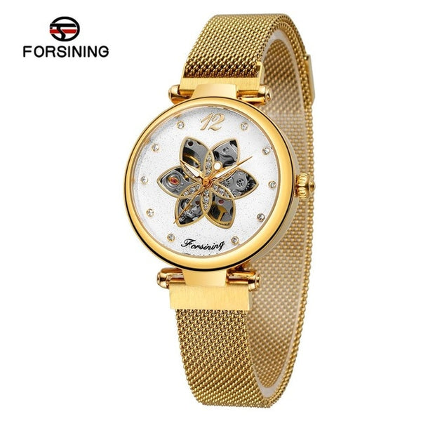 Mechanical Automatic Female Watches Forsining Top Brand Luxury Diamond Women Watches Waterproof Fashion Mesh Design Clock-Women Watch