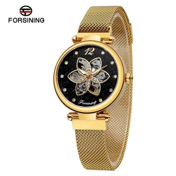 Mechanical Automatic Female Watches Forsining Top Brand Luxury Diamond Women Watches Waterproof Fashion Mesh Design Clock-Women Watch