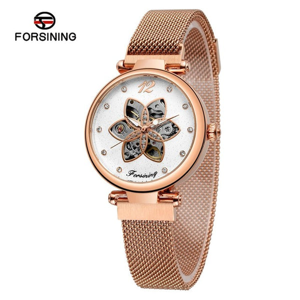 Mechanical Automatic Female Watches Forsining Top Brand Luxury Diamond Women Watches Waterproof Fashion Mesh Design Clock-Women Watch