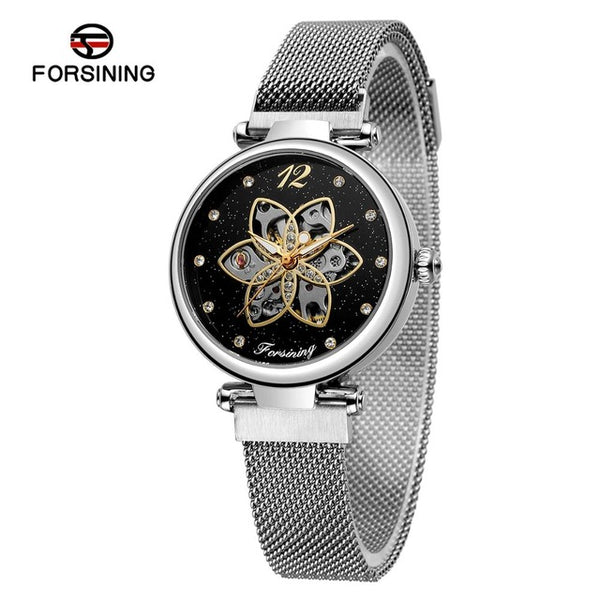 Mechanical Automatic Female Watches Forsining Top Brand Luxury Diamond Women Watches Waterproof Fashion Mesh Design Clock-Women Watch