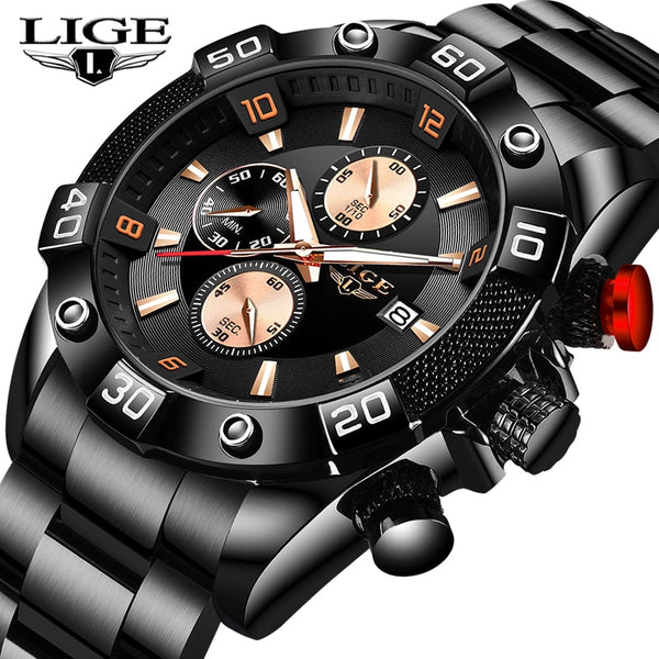 New LIGE Fashion Mens Watches with Stainless Steel Top Brand Luxury Sports Chronograph Quartz Wrist Watch Men Relogio Masculino-Sports watch