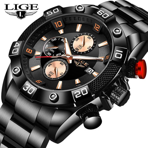 New LIGE Fashion Mens Watches with Stainless Steel Top Brand Luxury Sports Chronograph Quartz Wrist Watch Men Relogio Masculino-Sports watch