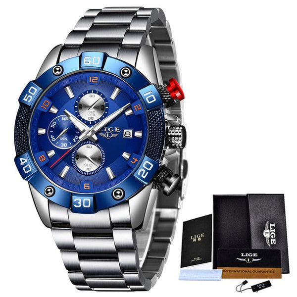 New LIGE Fashion Mens Watches with Stainless Steel Top Brand Luxury Sports Chronograph Quartz Wrist Watch Men Relogio Masculino-Sports watch