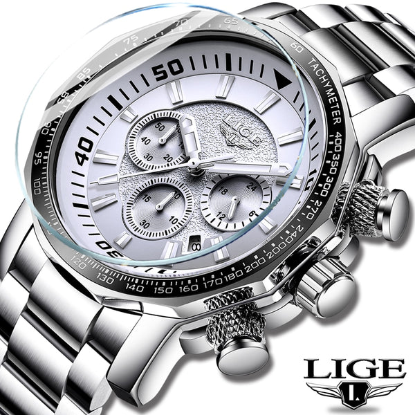 LIGE Silver White Mens Watches Top Brand Luxury Watch Waterproof Military Sports Watch Men Full Steel Quartz Clock Reloj Hombre-Sports watch