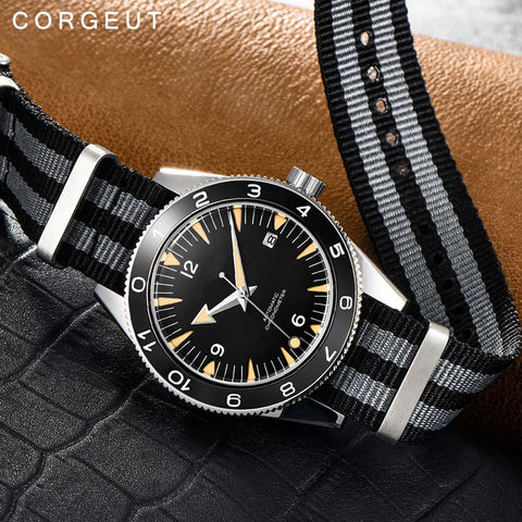 Corgeut 41mm Automatic Mechanical Watch Men Luxury Military 007 Clock Nylon Strap Luminous Waterproof Calendar Male WristWatch-Men Watch