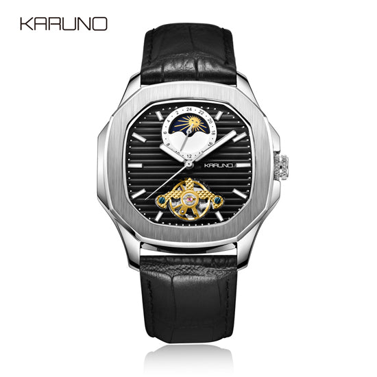 KARUNO Men Watches Mechanical Watch for Men's Fashion Automatic Watch Men Moon Phase Square Leather Watches Wristwatch Clock-Men Watch