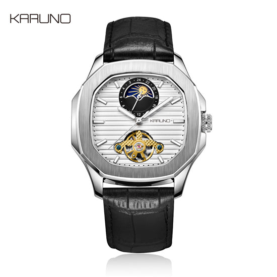 KARUNO Men Watches Mechanical Watch for Men's Fashion Automatic Watch Men Moon Phase Square Leather Watches Wristwatch Clock-Men Watch