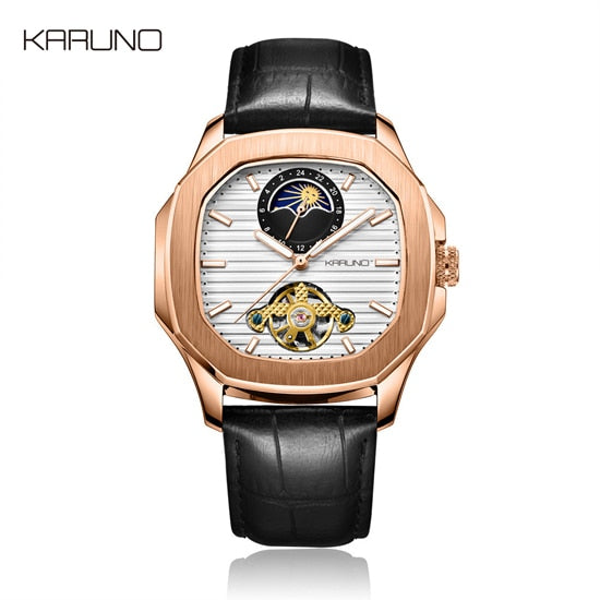 KARUNO Men Watches Mechanical Watch for Men's Fashion Automatic Watch Men Moon Phase Square Leather Watches Wristwatch Clock-Men Watch