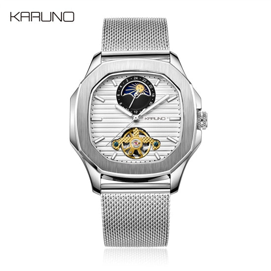 KARUNO Men Watches Mechanical Watch for Men's Fashion Automatic Watch Men Moon Phase Square Leather Watches Wristwatch Clock-Men Watch