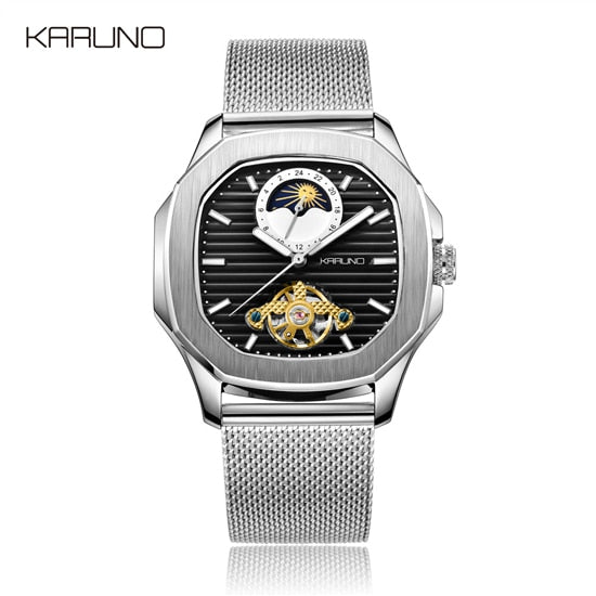 KARUNO Men Watches Mechanical Watch for Men's Fashion Automatic Watch Men Moon Phase Square Leather Watches Wristwatch Clock-Men Watch