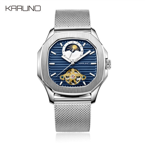 KARUNO Men Watches Mechanical Watch for Men's Fashion Automatic Watch Men Moon Phase Square Leather Watches Wristwatch Clock-Men Watch