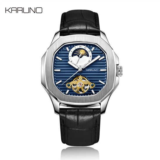 KARUNO Men Watches Mechanical Watch for Men's Fashion Automatic Watch Men Moon Phase Square Leather Watches Wristwatch Clock-Men Watch