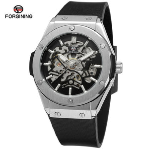 Forsining fashion man silver dial hollow mechanical men's wrist watch silicone strap-Men Watch