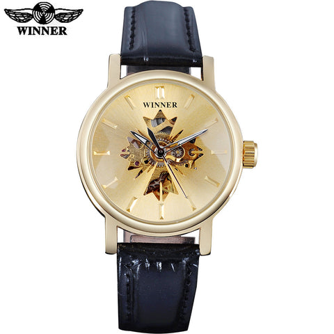 2017 WINNER famous brand women watches  luxury automatic self wind watch skeleton dials transparent glass gold case leather band-Women Watch