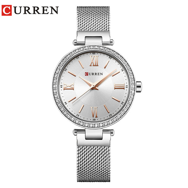 Fashion Brand CURREN Crystal Design Quartz Ladies Wristwatches Stainless Steel Mesh Band Casual Women Watch Ladies Watches Gift-Women Watch