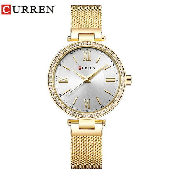 Fashion Brand CURREN Crystal Design Quartz Ladies Wristwatches Stainless Steel Mesh Band Casual Women Watch Ladies Watches Gift-Women Watch