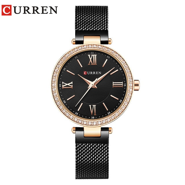 Fashion Brand CURREN Crystal Design Quartz Ladies Wristwatches Stainless Steel Mesh Band Casual Women Watch Ladies Watches Gift-Women Watch