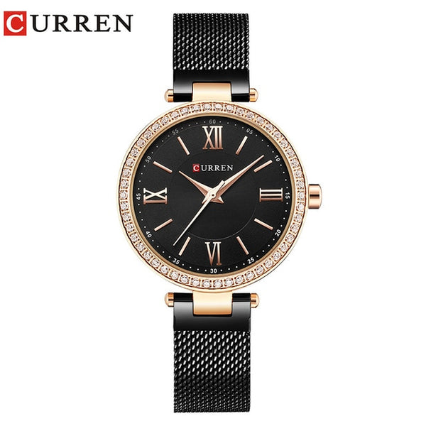 Fashion Brand CURREN Crystal Design Quartz Ladies Wristwatches Stainless Steel Mesh Band Casual Women Watch Ladies Watches Gift-Women Watch