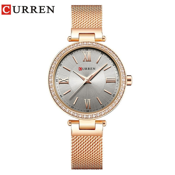 Fashion Brand CURREN Crystal Design Quartz Ladies Wristwatches Stainless Steel Mesh Band Casual Women Watch Ladies Watches Gift-Women Watch