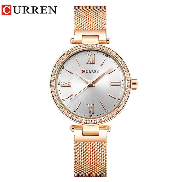 Fashion Brand CURREN Crystal Design Quartz Ladies Wristwatches Stainless Steel Mesh Band Casual Women Watch Ladies Watches Gift-Women Watch